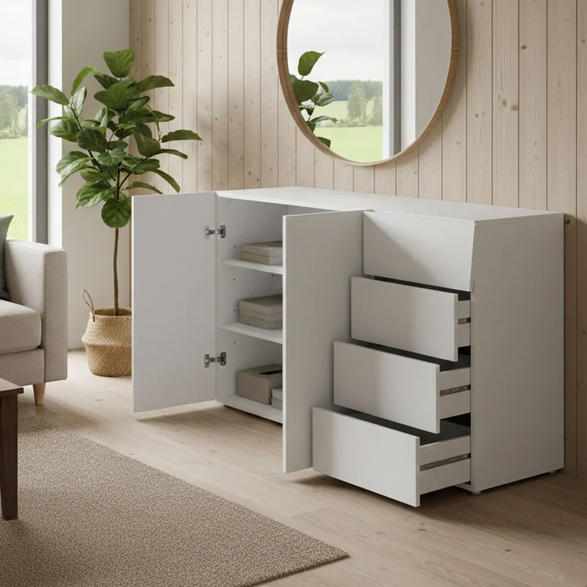 Credenza bianco lucida 124x40x81h cm 2 ante e 4 cassetti - Athos