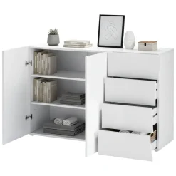 Madie|Credenze > Dmora Credenza bianco lucida 135x38x79h cm 3 ante - Amelyah Bianco Lucido