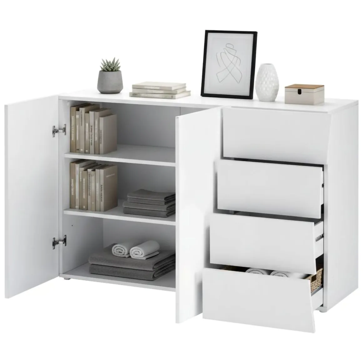 Credenza bianco lucida 124x40x81h cm 2 ante e 4 cassetti - Athos