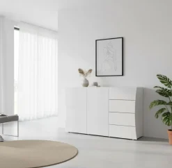 Credenza bianco lucida 124x40x81h cm 2 ante e 4 cassetti - Athos