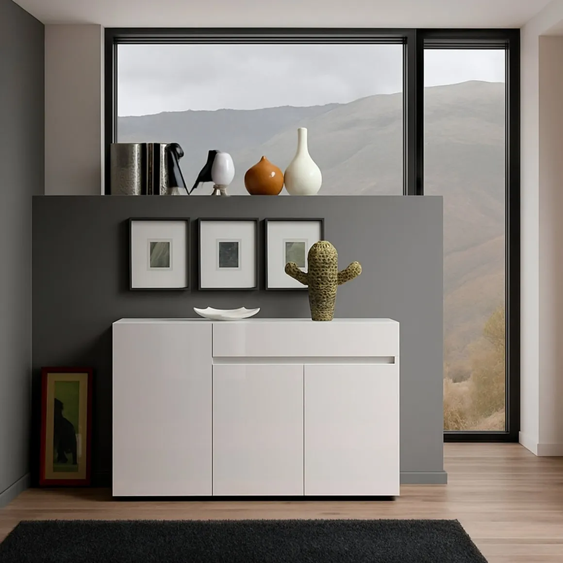 Cucina|Salotto > Dmora Credenza bianco lucida 140x43x86h cm 2 ante e 3 cassetti - Favonio Bianco Lucido