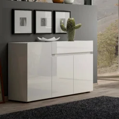 Cucina|Salotto > Dmora Credenza bianco lucida 140x43x86h cm 2 ante e 3 cassetti - Favonio Bianco Lucido