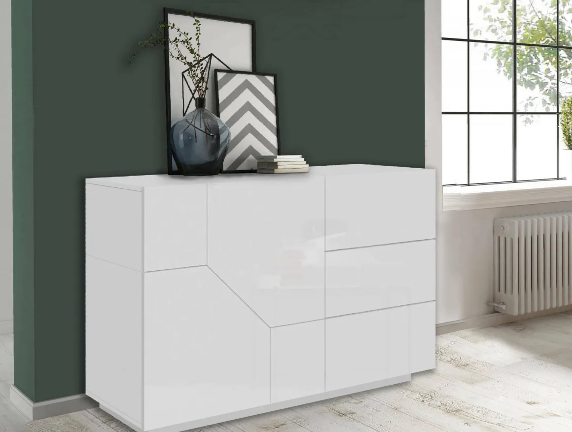 Credenza bianco lucida 141x43x86h cm 2 ante e 3 cassetti - All