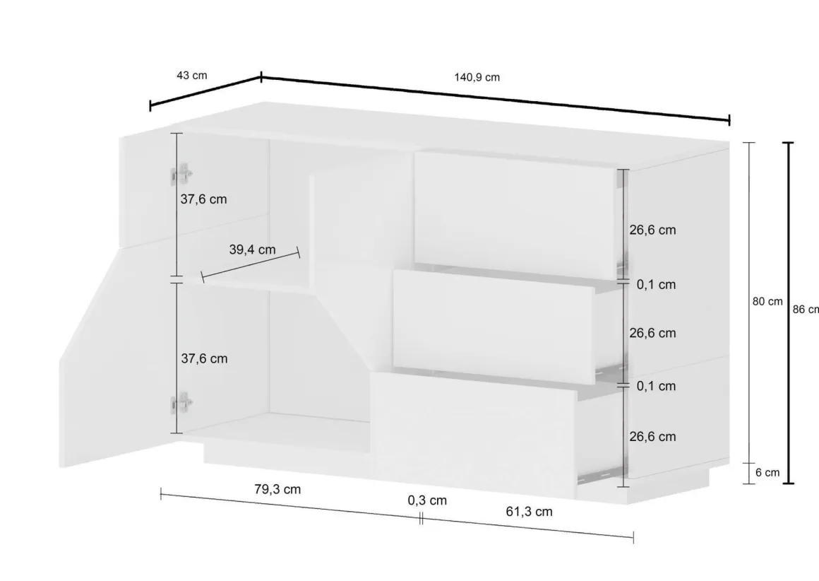 Credenza bianco lucida 141x43x86h cm 2 ante e 3 cassetti - All