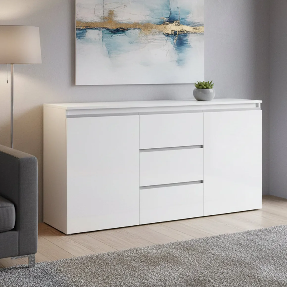Credenza bianco lucida 150x40x81h cm 2 ante e 3 cassetti - Amoco