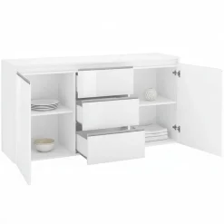 Credenza bianco lucida 150x40x81h cm 2 ante e 3 cassetti - Amoco