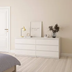 Madie|Credenze > Dmora Credenza bianco lucida 153x50x70h cm 6 cassetti - Abacadabra Bianco Lucido