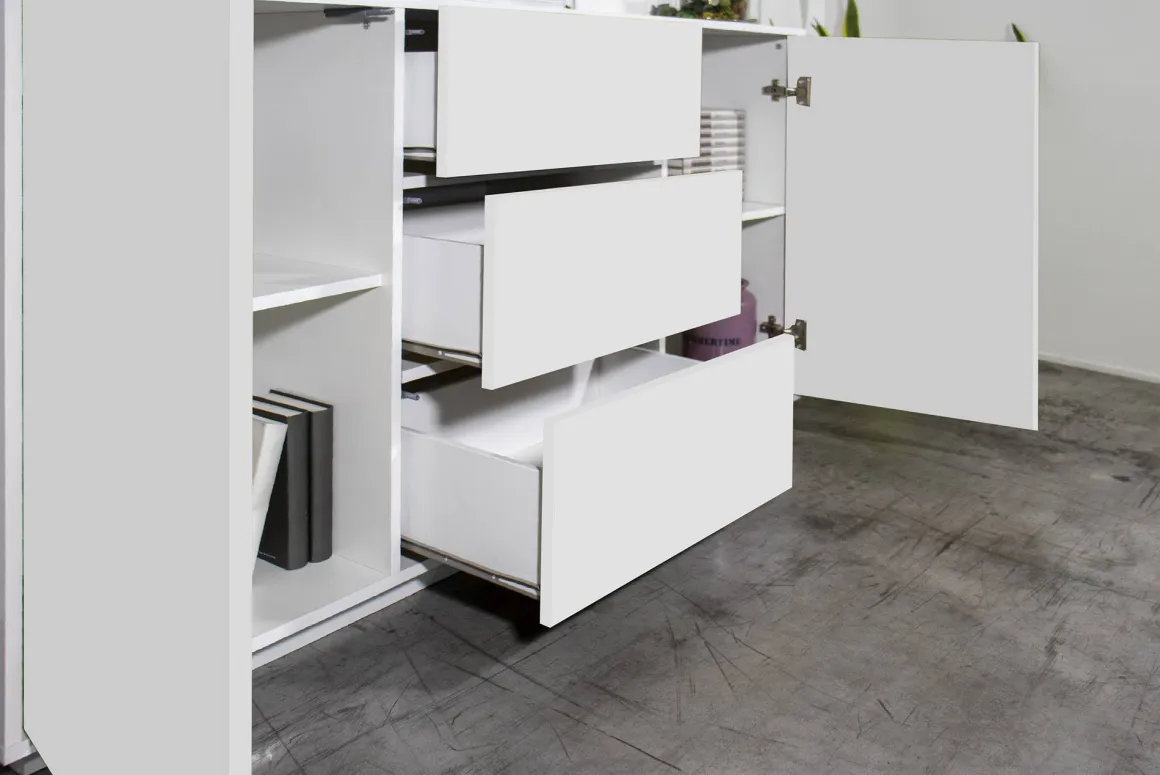 Credenza bianco lucida 160x41x86h cm 2 ante e 3 cassetti - Aysha
