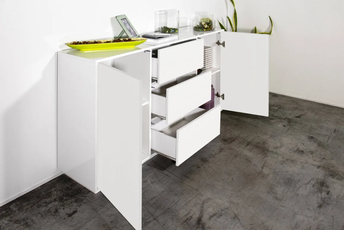 Credenza bianco lucida 160x41x86h cm 2 ante e 3 cassetti - Aysha
