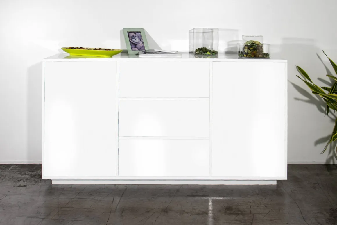 Credenza bianco lucida 160x41x86h cm 2 ante e 3 cassetti - Aysha