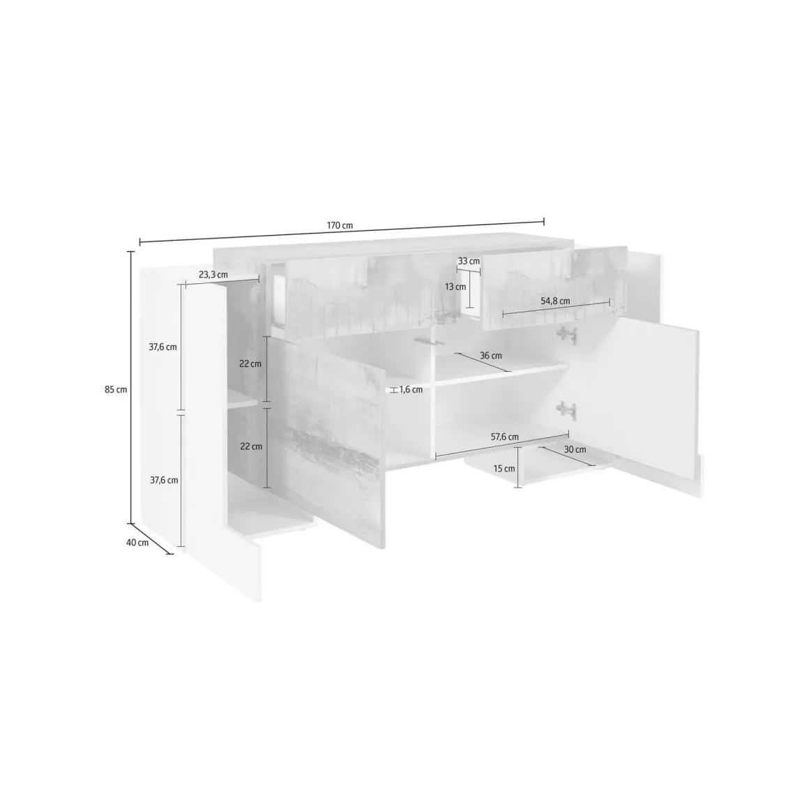Credenza bianco lucida 170x45x85h cm 4 ante e 2 cassetti - Alei