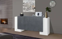 Madie|Credenze > Dmora Credenza Bianco Lucido Grigio Cemento 2 Ripiani 4 Vani 160x42x85.8h cm, 3 Ante - Introbio Grigio Cemento, Bianco Lucido