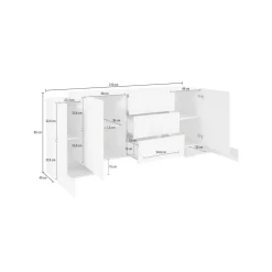 Credenza Bianco Lucido Grigio Ardesia 4 Ripiani 3 Cassetti 210x45x85h cm, 4 Ante Made in Italy - Alchemy