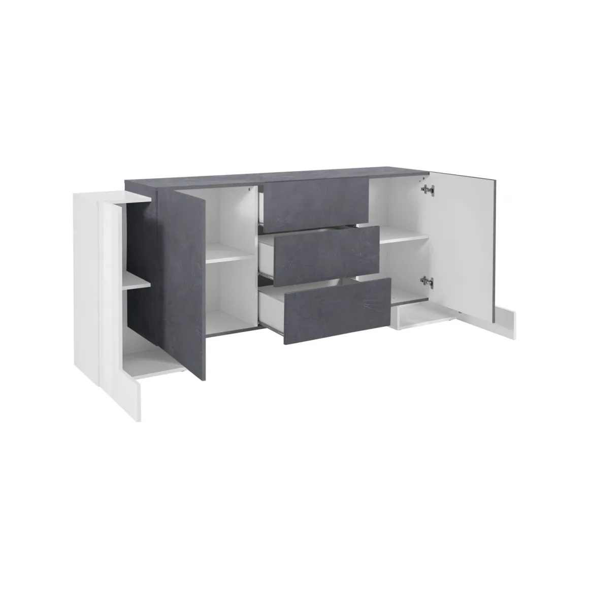 Credenza Bianco Lucido Grigio Ardesia 4 Ripiani 3 Cassetti 210x45x85h cm, 4 Ante Made in Italy - Alchemy