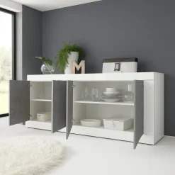 Madie|Credenze > Dmora Credenza Bianco Lucido Grigio Cemento 3 Cassetti 2 Ripiani 210x42x85.8h cm, 2 Ante - Pasubio Grigio Cemento, Bianco Lucido