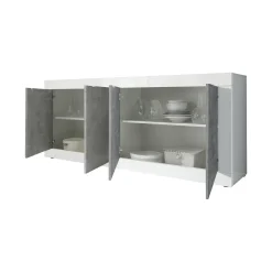 Madie|Credenze > Dmora Credenza Bianco Lucido Grigio Cemento 3 Cassetti 2 Ripiani 210x42x85.8h cm, 2 Ante - Pasubio Grigio Cemento, Bianco Lucido