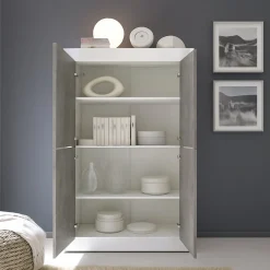 Credenza Bianco Lucido Grigio Cemento 3 Ripiani 4 Vani 101.4x42x161.2h cm, 4 Ante - Sampeyre