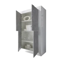 Credenza Bianco Lucido Grigio Cemento 3 Ripiani 4 Vani 101.4x42x161.2h cm, 4 Ante - Sampeyre