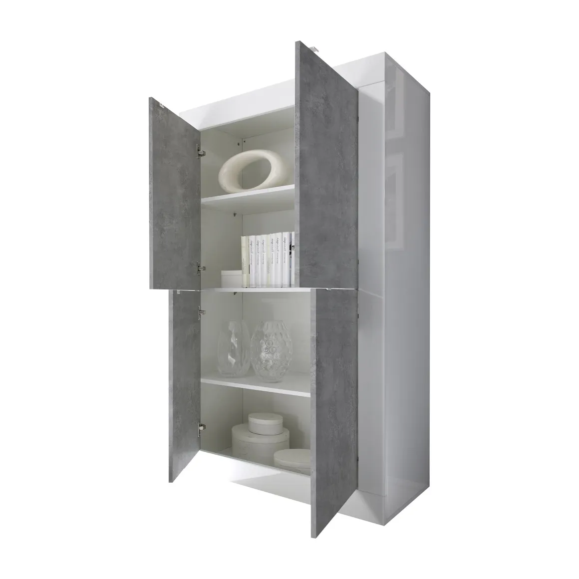 Credenza Bianco Lucido Grigio Cemento 3 Ripiani 4 Vani 101.4x42x161.2h cm, 4 Ante - Sampeyre