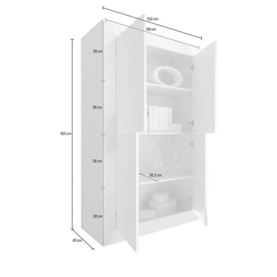 Credenza Bianco Lucido Grigio Cemento 3 Ripiani 4 Vani 101.4x42x161.2h cm, 4 Ante - Sampeyre