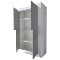 Credenza Bianco Lucido Grigio Cemento 3 Ripiani 4 Vani 101.4x42x161.2h cm, 4 Ante - Sampeyre