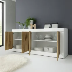 Madie|Credenze > Dmora Credenza Bianco Lucido Marrone Pero 2 Ripiani 4 Ante 207x43x86h cm, 4 Vani - Poli Marrone Pero, Bianco Lucido