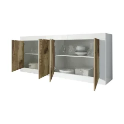 Madie|Credenze > Dmora Credenza Bianco Lucido Marrone Pero 2 Ripiani 4 Ante 207x43x86h cm, 4 Vani - Poli Marrone Pero, Bianco Lucido