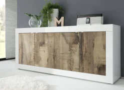 Madie|Credenze > Dmora Credenza Bianco Lucido Marrone Pero 2 Ripiani 4 Ante 207x43x86h cm, 4 Vani - Poli Marrone Pero, Bianco Lucido