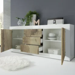 Madie|Credenze > Dmora Credenza Bianco Lucido Marrone Pero 3 Ripiani 4 Ante 101.4x42x161.2h cm, 4 Vani - Sampeyre Marrone Pero, Bianco Lucido