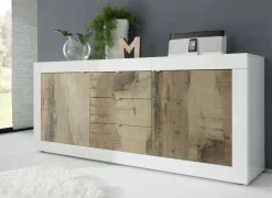 Madie|Credenze > Dmora Credenza Bianco Lucido Marrone Pero 3 Ripiani 4 Ante 101.4x42x161.2h cm, 4 Vani - Sampeyre Marrone Pero, Bianco Lucido