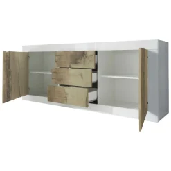 Madie|Credenze > Dmora Credenza Bianco Lucido Marrone Pero 3 Ripiani 4 Ante 101.4x42x161.2h cm, 4 Vani - Sampeyre Marrone Pero, Bianco Lucido