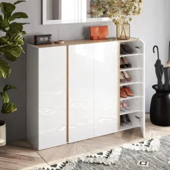 Credenza Bianco Lucido Marrone Rovere 10 Ripiani 12 Vani 140x35x111h cm, 4 Ante - Ghiffa
