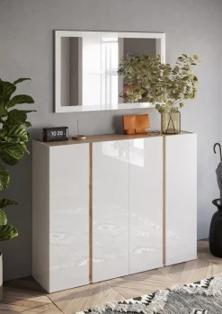 Credenze > Dmora Credenza Bianco Lucido Marrone Rovere 3 Ripiani Apertura Battente 138x40x91h cm, 3 Ante - Haka Marrone Rovere, Bianco Lucido