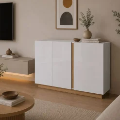 Credenza Bianco Lucido Marrone Rovere 3 Ripiani Apertura Battente 138x40x91h cm, 3 Ante - Hala
