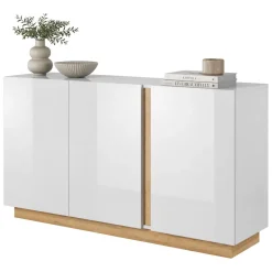 Credenza Bianco Lucido Marrone Rovere 3 Ripiani Apertura Battente 138x40x91h cm, 3 Ante - Hala