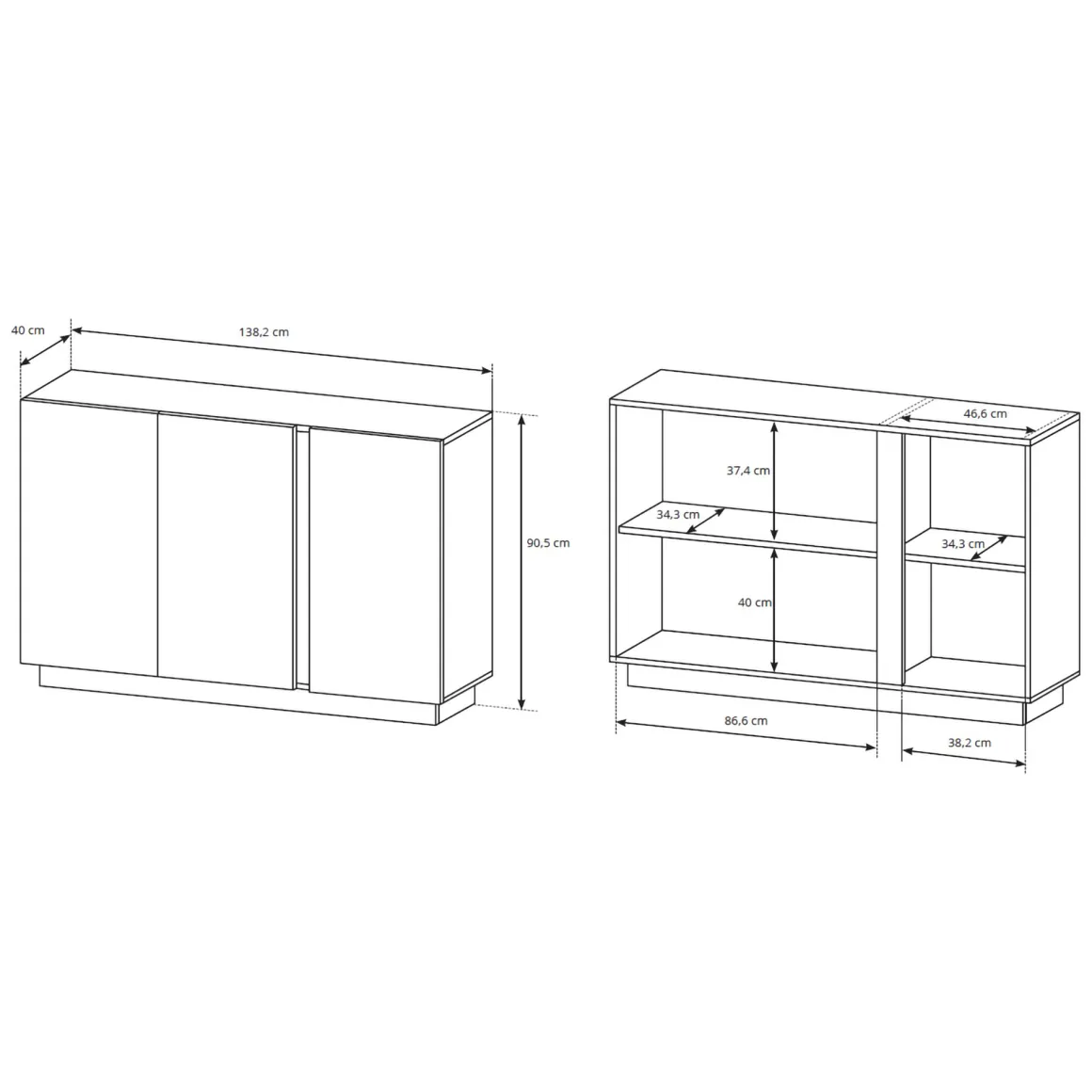Credenze > Dmora Credenza Bianco Lucido Marrone Rovere 4 Cassetti un Ripiano 138x40x91h cm, Apertura Battente, Scorrevole - Halana Marrone Rovere, Bianco Lucido