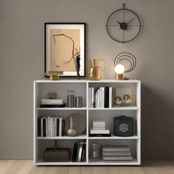 Madie|Credenze > Dmora Credenza Bianco Lucido Marrone Rovere 6 Ripiani Apertura Battente 160x35x70h cm, 4 Ante Made in Italy - Swink Marrone Rovere, Bianco Lucido