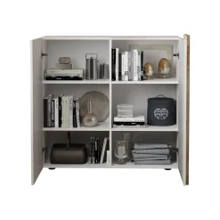 Madie|Credenze > Dmora Credenza Bianco Lucido Marrone Rovere 6 Ripiani Apertura Battente 160x35x70h cm, 4 Ante Made in Italy - Swink Marrone Rovere, Bianco Lucido