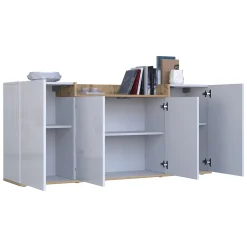 Madie|Credenze > Dmora Credenza Bianco Lucido Marrone Rovere 6 Ripiani Apertura Battente 160x35x70h cm, 4 Ante Made in Italy - Swink Marrone Rovere, Bianco Lucido