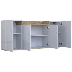Madie|Credenze > Dmora Credenza Bianco Lucido Marrone Rovere 6 Ripiani Apertura Battente 160x35x70h cm, 4 Ante Made in Italy - Swink Marrone Rovere, Bianco Lucido