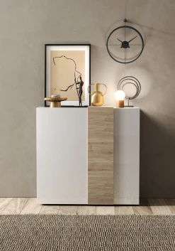 Madie|Credenze > Dmora Credenza Bianco Lucido Marrone Rovere 6 Ripiani Apertura Battente 160x35x70h cm, 4 Ante Made in Italy - Swink Marrone Rovere, Bianco Lucido