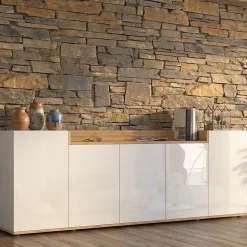 Credenza Bianco Lucido Marrone Rovere 7 Ripiani Apertura Battente 200x35x70h cm, 5 Ante Made in Italy - Cordele
