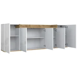 Credenza Bianco Lucido Marrone Rovere 7 Ripiani Apertura Battente 200x35x70h cm, 5 Ante Made in Italy - Cordele
