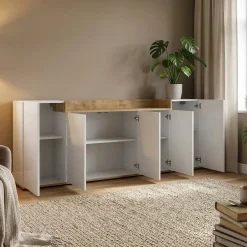 Credenza Bianco Lucido Marrone Rovere 7 Ripiani Apertura Battente 200x35x70h cm, 5 Ante Made in Italy - Cordele