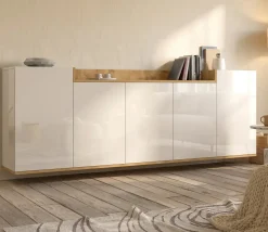 Credenza Bianco Lucido Marrone Rovere 7 Ripiani Apertura Battente 200x35x70h cm, 5 Ante Made in Italy - Cordele