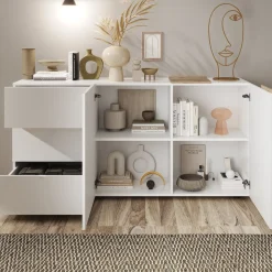 Madie|Credenze > Dmora Credenza 2 Ripiani 3 Cassetti 181x44x84h cm, 4 Vani - Busi Bianco Lucido