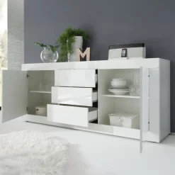 Credenza Bianco Lucido 2 Ripiani 3 Cassetti 210x42x85.8h cm, 4 Vani - Pasubio