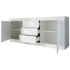 Credenza Bianco Lucido 2 Ripiani 3 Cassetti 210x42x85.8h cm, 4 Vani - Pasubio