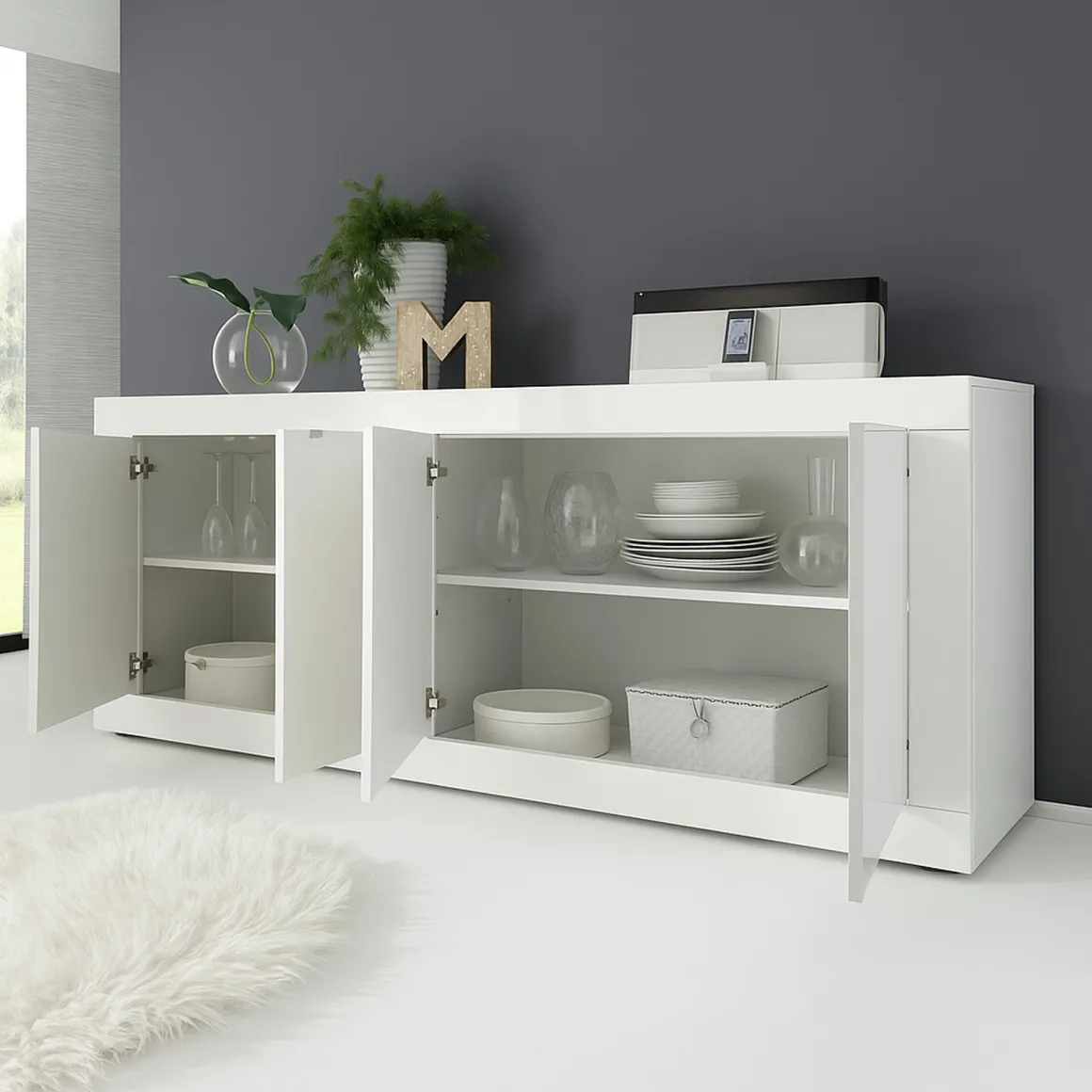 Madie|Credenze > Dmora Credenza 3 Ripiani 4 Vani 101.4x42x161.2h cm, 4 Ante - Sampeyre Bianco Lucido