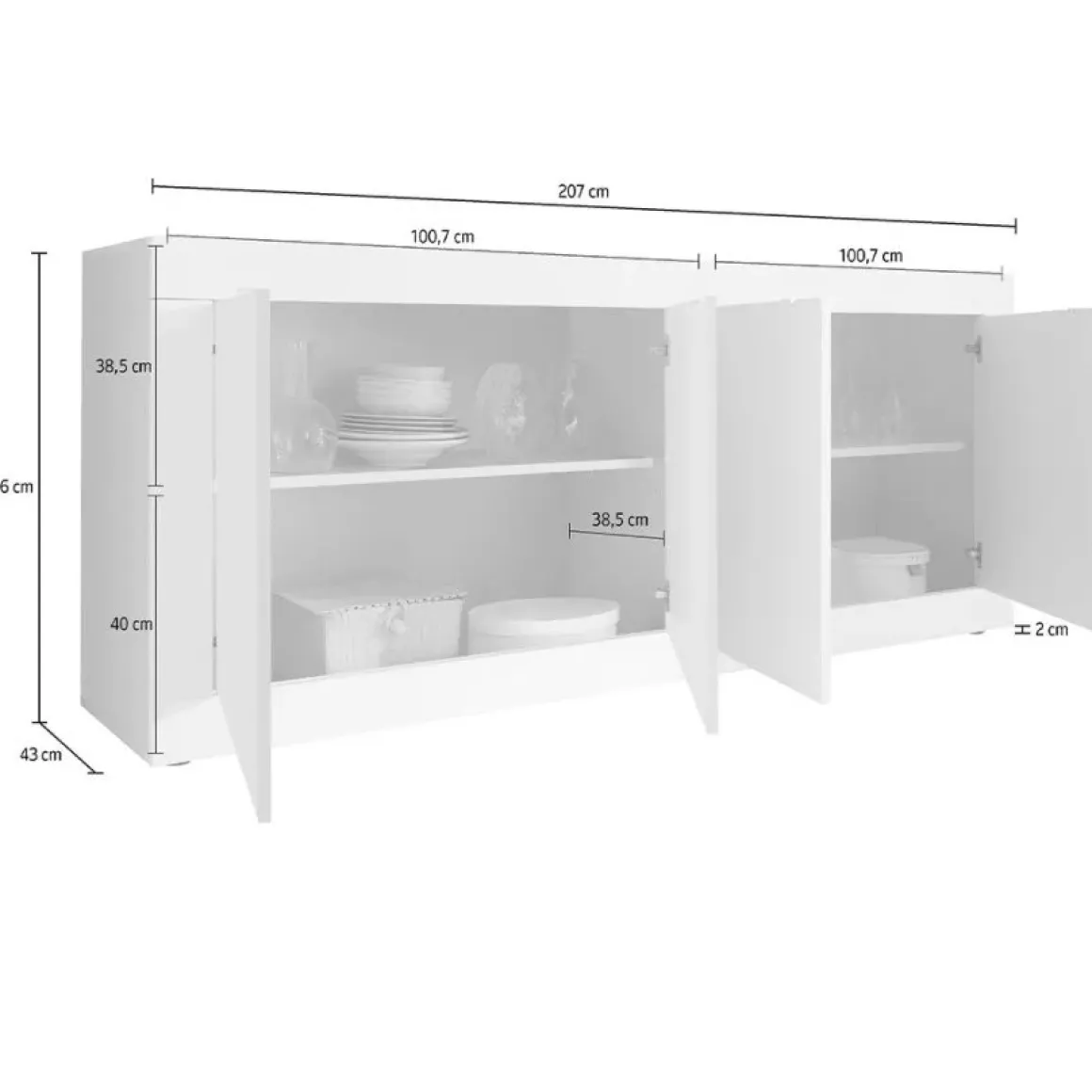 Madie|Credenze > Dmora Credenza 3 Ripiani 4 Vani 101.4x42x161.2h cm, 4 Ante - Sampeyre Bianco Lucido